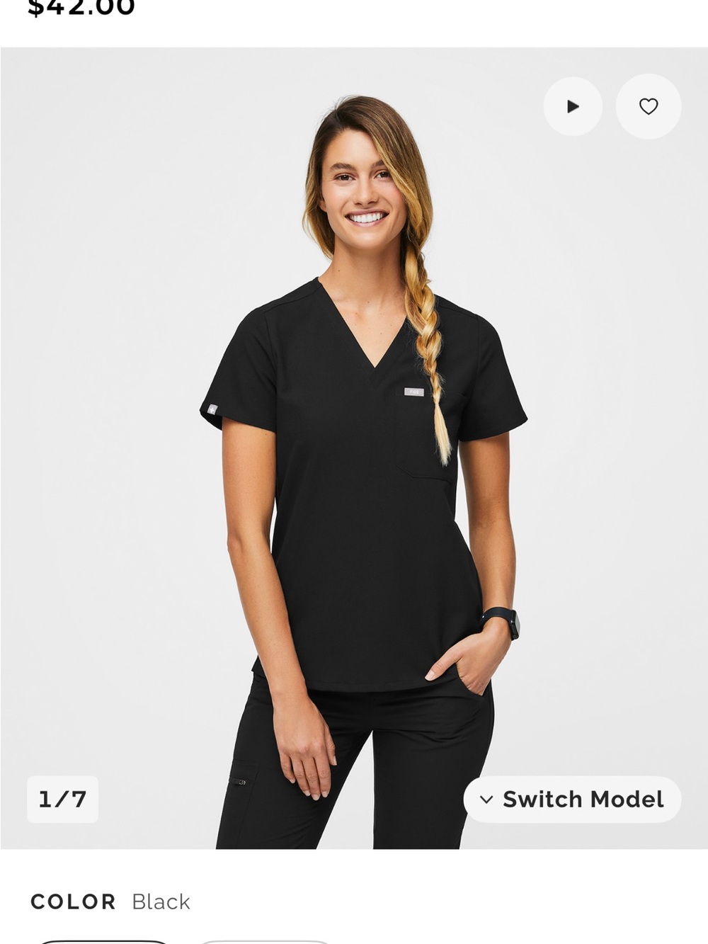 FIGS Women's Black V-Neck Short Sleeve Scrub Top